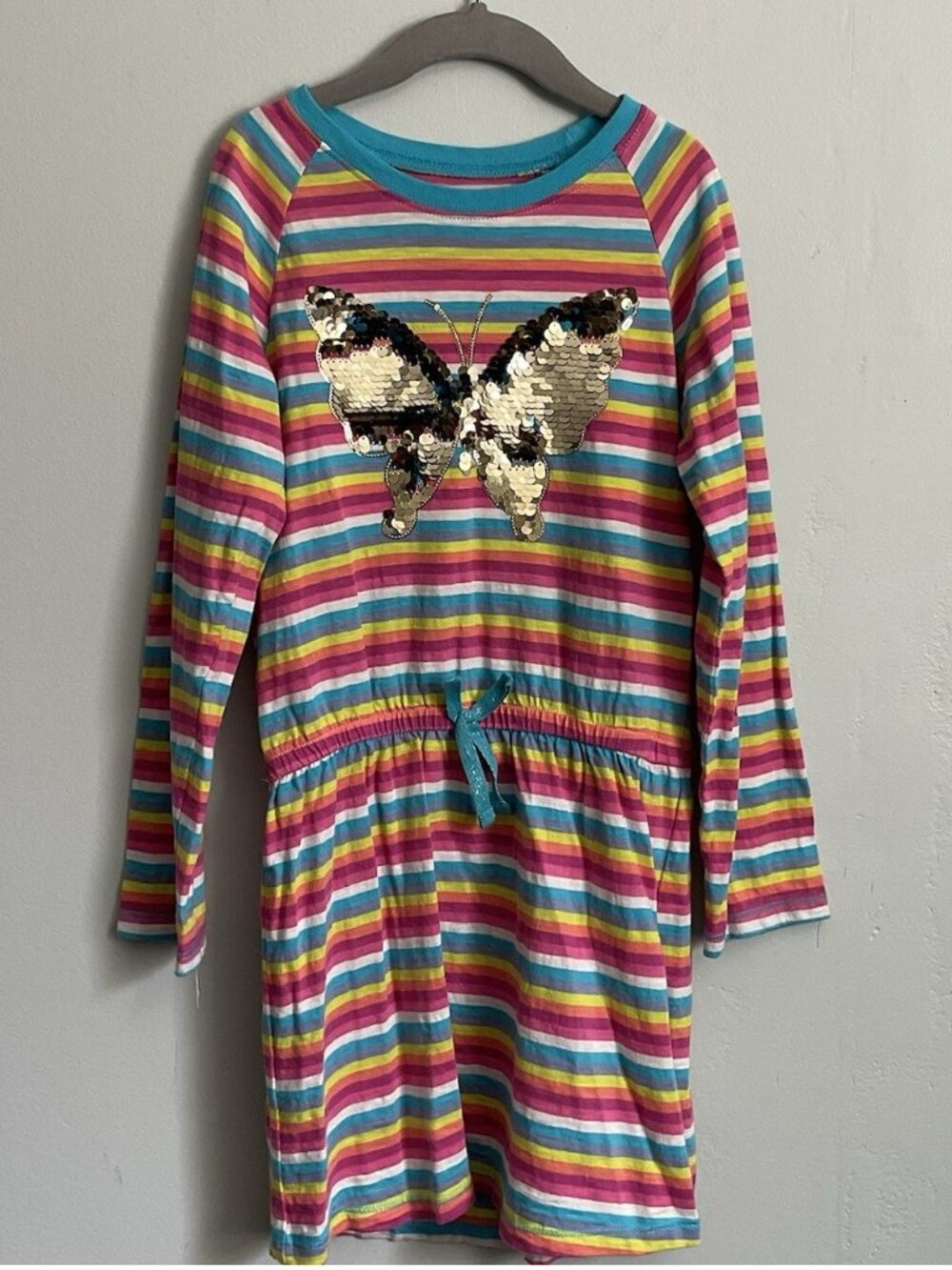Hatley Girls Rainbow Stripe‎ Dress Size 7 Sequin Butterfly Long Sleeve